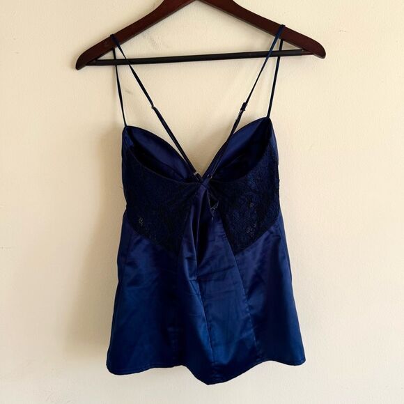 Vintage Satin Navy Blue Sweetheart Neckline Lace Women's Top Medium - Picture 2 of 3